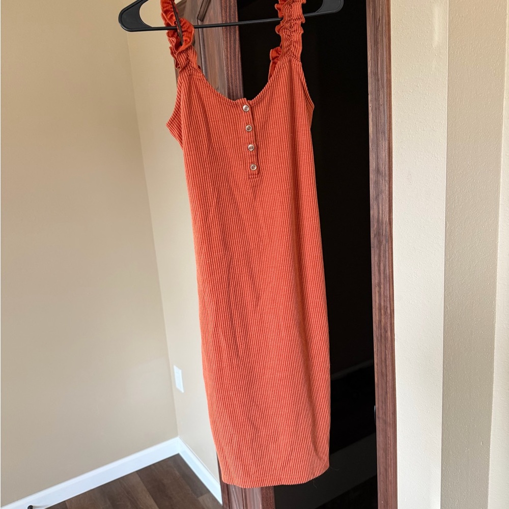 Lily White Rust Orange Ribbed Midi Dress with Ruffle Straps